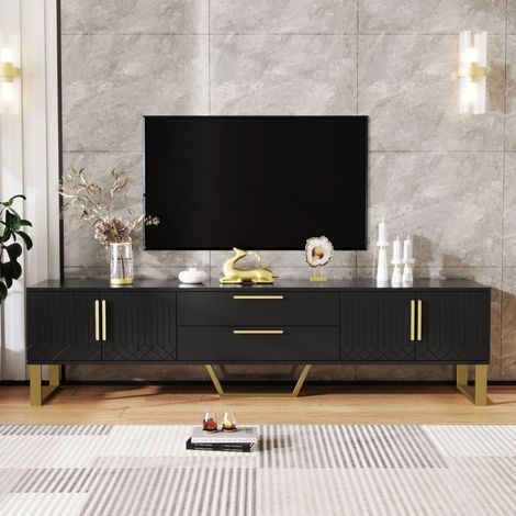Meuble TV 170 cm noir brillant avec 4 portes sculptées, 2 tiroirs, poignées et pieds dorés, rangements et passe-câbles (1/5)