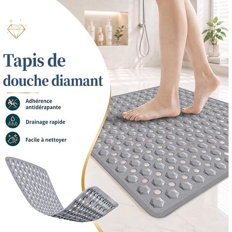 Tapis de Douche Antidérapant Anti-Moisissure, 53 x 53 cm Tapis de Bain avec Ventouses et Trous de Drainage, Carré pour Intérieur de Douche, Lavable en Machine