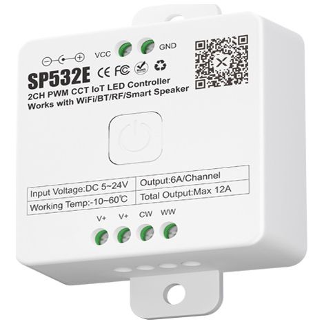 The SP532E dual-mode PWM bi-color temperature controller with Bluetooth and WiFi supports Baidu's Xiaodu, Xiaoai, and Google voice assistants.