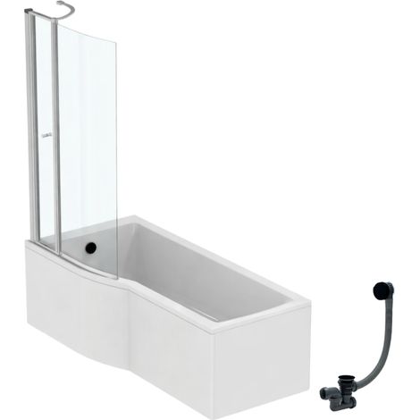 IDEAL STANDARD Connect Air, conjunto de bañera/ducha izquierda de 170 x 80 cm + delantal + mampara con tapa + desagüe, negro mate.