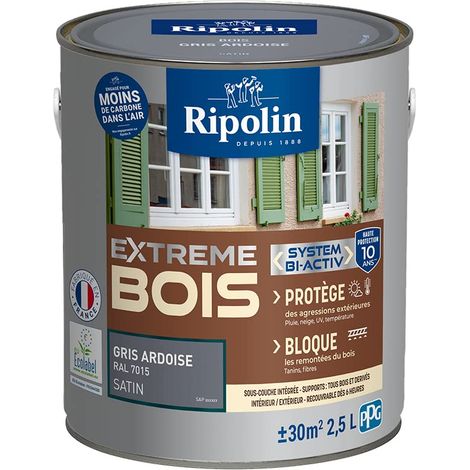 Peinture pour Bois -Intérieur/Extérieur - RIPOLIN - Ultra-couvrante - Résiste aux Intempéries, UV,Chocs -Satin - Gris Ardois