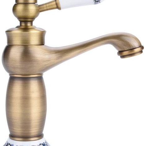 Mitigeur Robinet Rétro Vintage en Laiton Céramique Évier à Long Cou en Porcelaine Bleu et Blanc Floral – Cuisine Salle de Bain,G1/2 (1/5)