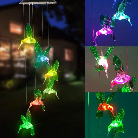 Carillon solaire à LED, coloré et à couleurs changeantes, étoile, carillon, oiseau, étanche, brille la nuit, décoration extérieure, patio, balcon, cour, fenêtre, jardin, intérieur (colibri) (1/5)