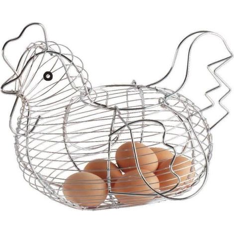 Panier à œufs - Poule en métal argenté - Rangement classique - Décor rustique - Collecte d'œufs frais (1/4)