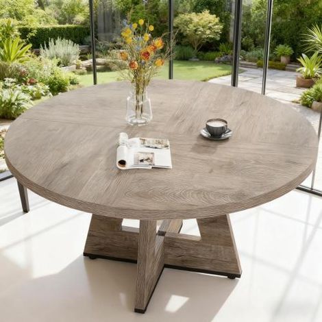 Table basse champêtre ronde en bois massif, table à manger rustique pour salle à manger, meuble campagne élégant et robuste, convient aux repas quotidiens, design traditionnel, facile à assortir. (1/5)