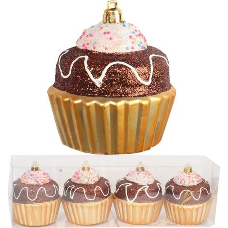 Set di 4 palline di Natale a forma di muffin al cioccolato con glitter, 8 cm, in plastica (1/4)