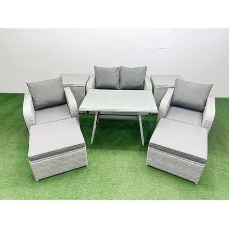 Fimous Light Grey PE Wicker Rattan Garden Furniture Set Sofa Set Reclining Chair Love Sofa Rectangular Dining Table 2 Big Stools 2 Side Tables (1/4)