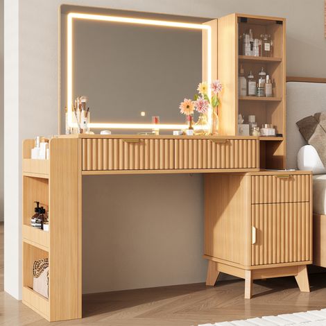 Toeletta con specchio LED, prese elettriche e USB, 3 cassetti e ripiani, tavolo trucco moderno per camera da letto - Naturale (1/5)