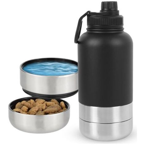 Gourde pour chien - Pour les déplacements - 950 ml - Accessoire pour chien - Avec gamelle et gamelle d'eau - En acier inoxydable - 4 en 1 - Isotherme - Sans BPA (1/5)