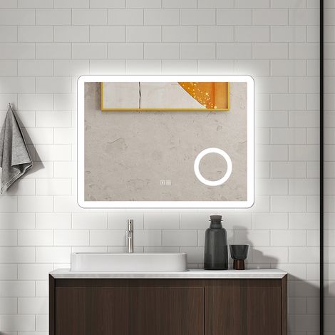 AICA Specchio da bagno rettangolare 80x60cm con Luce LED,Bluetooth,ingrandimento 3X,Antiappannamento,3 colori e luminosità regolabil, Funzione Memoria, IP44 (1/5)