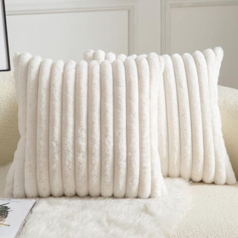 45X45 CM Milky White Set of 2 Cushion Cover Stripes Faux Fur Soft Comfortable Pillowcase Decoration Home Living Room Bedroom for Sofa (1/4)