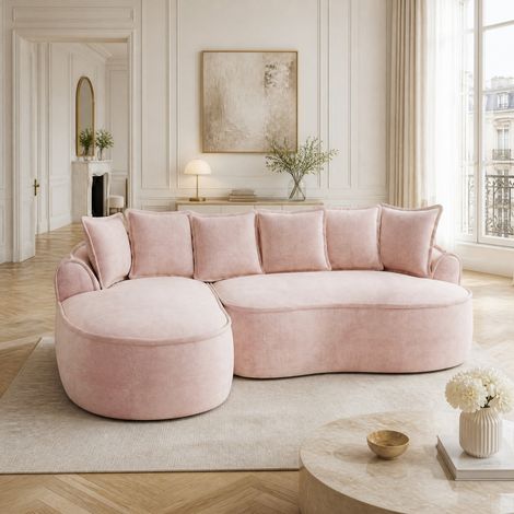 Divano angolare a L 252x164x67 cm rosa con chaise longue, tessuto ciniglia, MEUBLIV (1/5)