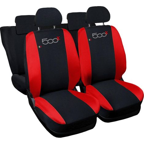 Lupex shop - Coprisedili Auto Compatibili per 500X, Made In Italy, set di copri sedili anteriori e posteriori con copri poggiatesta incluso, tessuto poliestere, Nero - Rosso