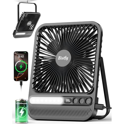 Ventilateur Portable, 10000mAh Ventilateur Camping Rechargeable avec Lampe, Silencieux 4 Vitesses Timer Crochet 180°Pliable Ultra Mince Ventilateur de Table pour Voyage Camping Bureau Maison (1/5)