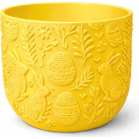 Pot de fleurs jaune de Pâques avec lapins, cache-fleurs décoratif printanier (1/3)