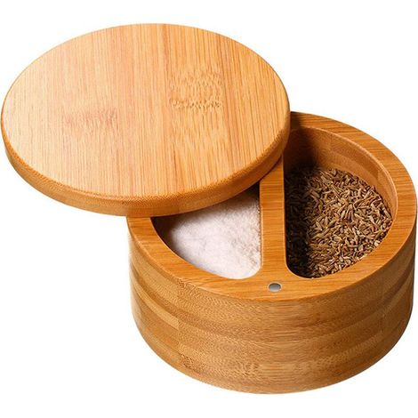 Boîte à épices en bambou - boîte de rangement ronde à double compartiment - avec couvercle pivotant magnétique (1/5)