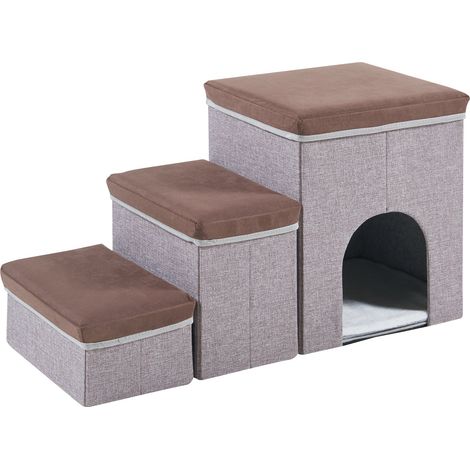 Escalier pour chien à 3 marches pour animaux domestiques 76 x 33 x 43 cm avec niche marron foncé gris (1/5)