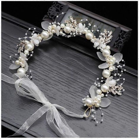 Bandeau pour enfant avec guirlande, fermeture à ruban, décoration de fleurs artificielles et de fausses perles, style princesse.-White