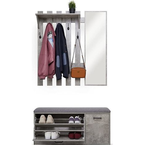 Ensemble de Meubles d'Entrée, Porte Manteau avec Miroir et Banc à Chaussures Style Industriel pour Entrée Couloir, 100 x 30 x 180 cm (Gris) (1/5)