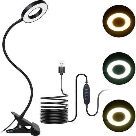 Lampe de bureau LED à pince USB avec 48 LED, 3 couleurs, 11 niveaux de luminosité, col flexible à 360°, 8 W, pour une utilisation sur table de chevet ou bureau. (1/5)
