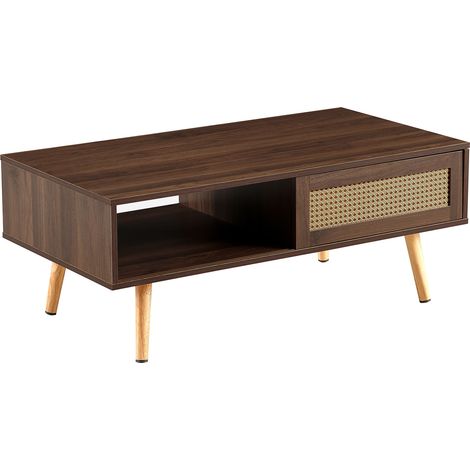 Table basse en rotin tressé avec portes coulissantes et pieds en bois massif, finition noyer foncé, 40 x 105 x 55 cm (1/5)