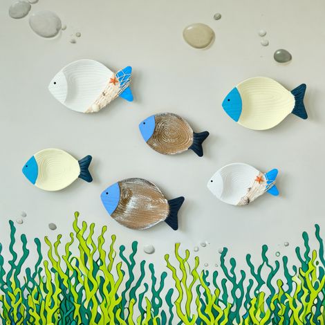 Ensemble de 6 décorations murales en bois tridimensionnelles en forme de poisson, décoration murale de fond de chambre d'enfant, salon, salle à manger (1/5)