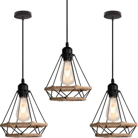 3 Pack Lustre Suspension E27 20CM Cage Diamant en Corde de Chanvre Plafonnier Luminaire pour Couloir Escalier Chambre (1/5)
