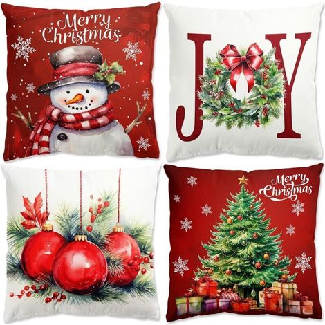 Rouge Housse Coussin Noel - 4pcs Decoration Noel Interieur Maison Housse Coussin Noel 45x45, Taies D'oreiller de Noël en Lin pour Chambre, Canapé, Christmas Decoration, Décoration Noel Intérieur (1/5)