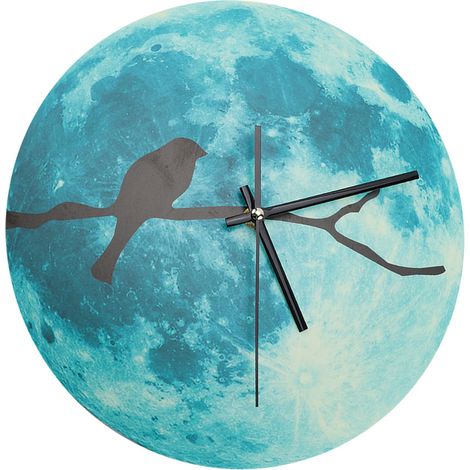 Horloge murale lumineuse et étanche de 30 cm, motif branche d'oiseau, motif lune, décoration de chambre à coucher