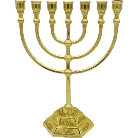 Siebenarmiger Menora-Kerzenhalter, inspiriert vom Tempel von Jerusalem und den zwölf Stämmen Israels. Antiker Stil. Goldfarben. (17 x 13,5 cm)