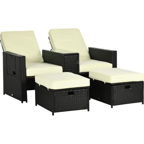 5PC PE Rattan Sun Lounger, Outdoor Wicker 5-level Adjustable Recliner Sofa Bed with Storage Side Table and Footstools, for Patio, Garden, Poolside, Black (1/5)