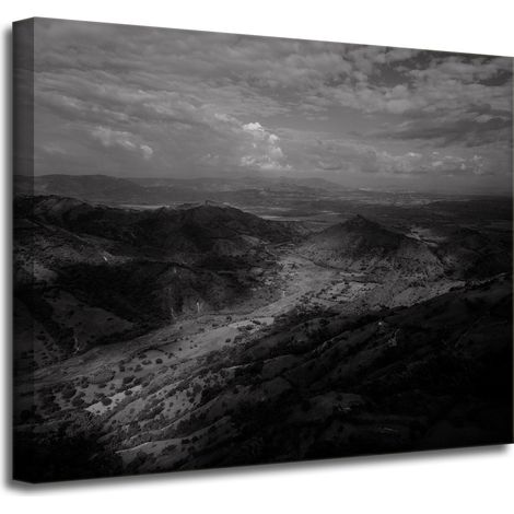Lienzo impreso en blanco y negro con la imagen de montañas desde un vuelo, 50x40 cm.