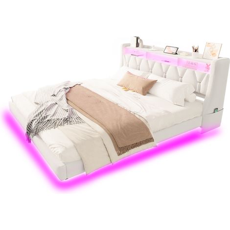 CHICFURN Cama tapizada 180x200 cm con cabecero abatible, enchufe EU, USB y Tipo C, luz LED, almacenaje integrado y acabado en terciopelo beige para dormitorio moderno (1/5)