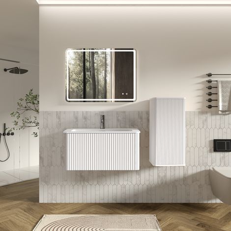 Ensemble meuble salle de bain suspendu 80cm-vasque en pierre artificielle-colonne latérale-façades rainurées-MDF-Blanc (1/5)