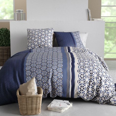 Parure housse de couette 260x240cm + 2 taies motif géométrique bleu 100% coton - ORANE (1/4)