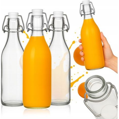 Bouteille Ronde - Verre 1000 ml - Bouchon Mécanique À Clip - Pour Jus Sirops Huiles - Lot De 5 (1/4)