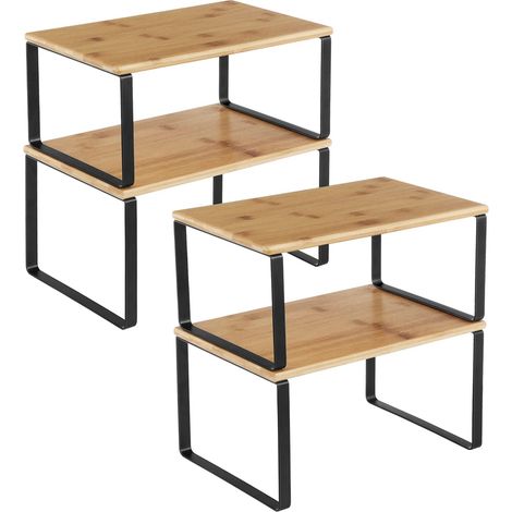 Étagère de Cuisine, Lot de 4, Organisateur, Porte-épices Empilable, extensible, en Métal, Bois d’Ingénierie, Noir d'Encre et Beige Naturel KCS10NB (1/5)