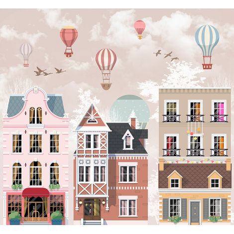 Papier peint panoramique Enfants - Ville Montgolfières - 130 cm x 120 cm (1/2)