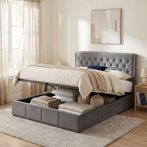 Lit coffre double 160x200 cm avec sommier relevable hydraulique, tête de lit capitonnée, velours gris