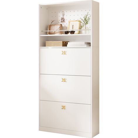 Meuble à chaussures étroit blanc avec 3 abattants, étagère ouverte, panneau perforé et poignées dorées, idéal entrée et petit espace - CHICFURN (1/5)