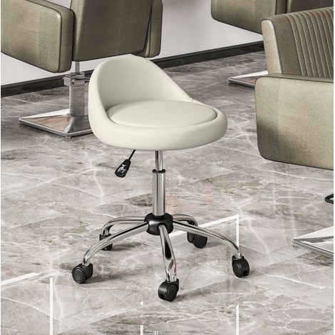 Tabouret roulant réglable en hauteur 63-83 cm pivotant à roulettes, revêtement cuir régénéré blanc, pour bureau ou salon, CHICFURN (1/5)
