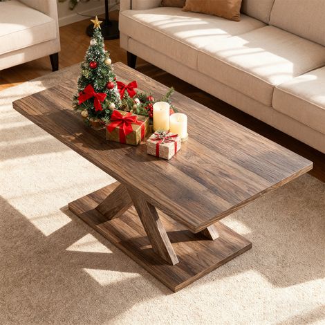 COSTWAY 95CM Coffee Table with Stable Base and Rubber Wood Connection Brown (1/5)