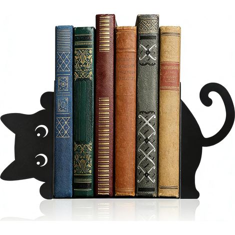 Serre-Livres Chat en Métal Noir (15×10×3CM), Décoratif pour Bibliothèque, École, Bureau et Maison (1/5)