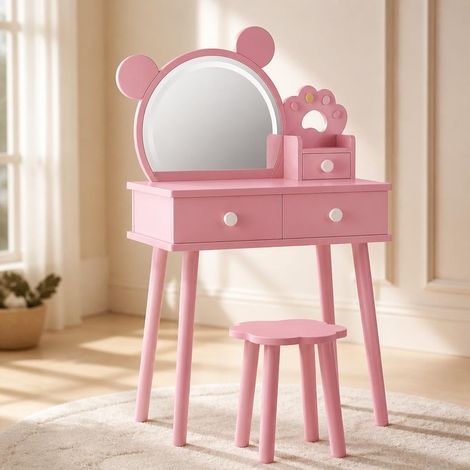 Coiffeuse princesse rose enfant en MDF, miroir LED tactile 3 couleurs, tabouret inclus, meuble de jeu pour chambre d’enfant (1/5)