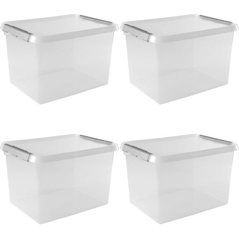 Lot de 4 Boite Rangement 22L Avec Couvercle En Plastique Empilable Pour Vetement Jouets Outils