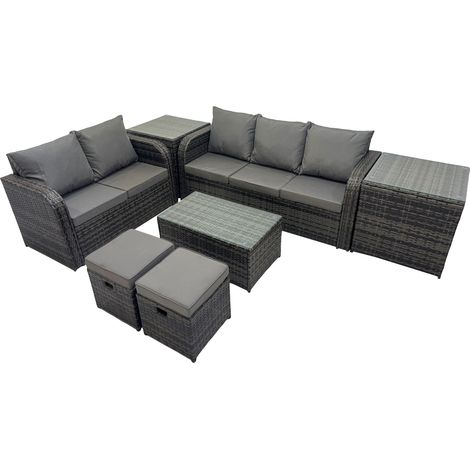 Fimous Outdoor Love Sofa 3 Seater Sofa Coffee Table Set Garden Rattan Furniture Set 7 Seater with 2 Small Stools 2 Side Tables Dark Grey (1/5)