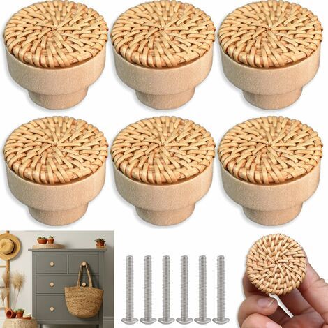 Boutons de Meuble en Rotin 6 Pcs Boutons de Tiroir en Bois Ronds Vintage Boutons de Porte d'Armoire en Bois avec Vis Bouton de Porte de Placard en Bois pour Chambre Cuisine Bureau (1/5)