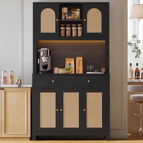 Credenza da cucina alta con led e prese - mobile dispensa con 5 ante in rattan e 2 cassetti - armadio in mdf per soggiorno e sala da pranzo 100x40x180 cm - nero (1/5)
