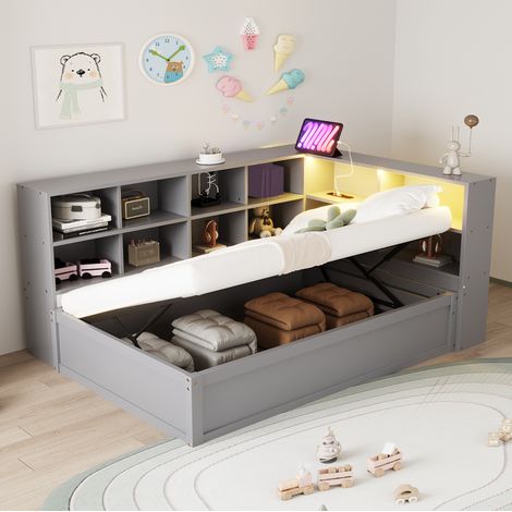 Cama individual hidráulica con almacenaje y LED gris OKMYHOME (1/5)