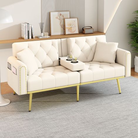 Canapé-lit double convertible avec fonction inclinable, trois positions d'inclinaison et porte-gobelets. Idéal pour le salon, la chambre, la salle de cinéma maison ou la chambre d'amis. Revêtement en  (1/5)